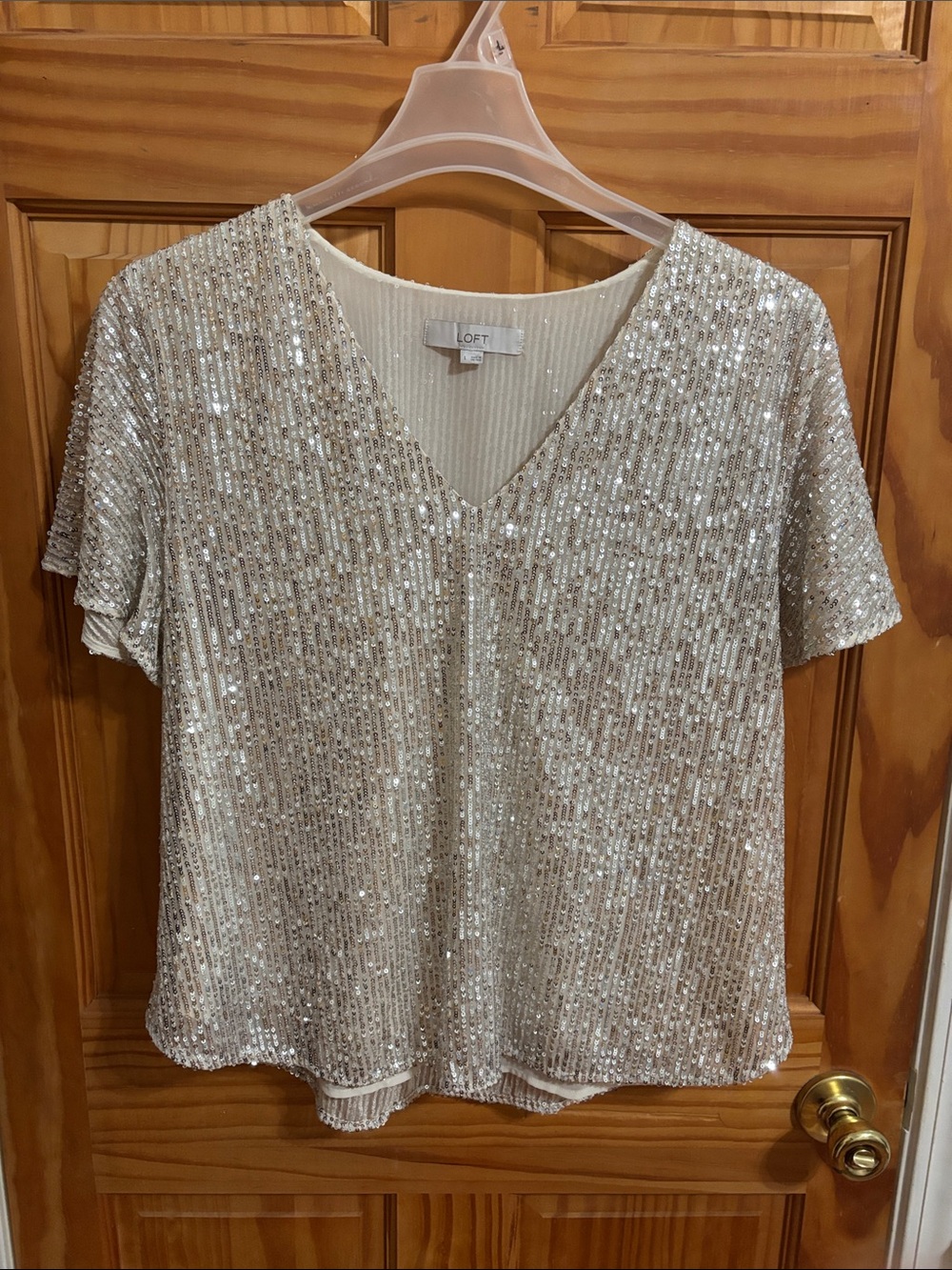 LOFT Sequin V-Neck Short Sleeve Top in Champagne